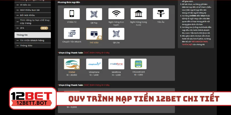 Hướng dẫn quy trình nạp tiền 12Bet chi tiết